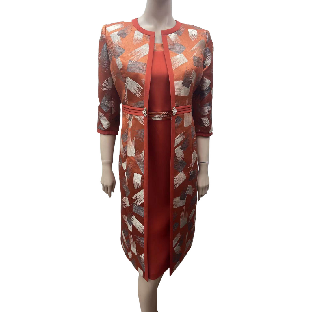 2-Piece Dress Set with Dress and Brush Patterned Lightweight Coat