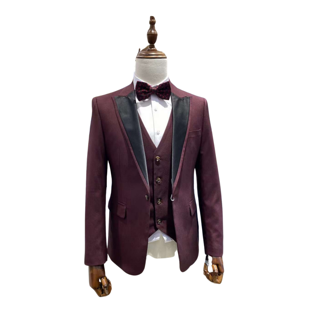 3 Piece Formal Suit Set with Vest and Bow Tie